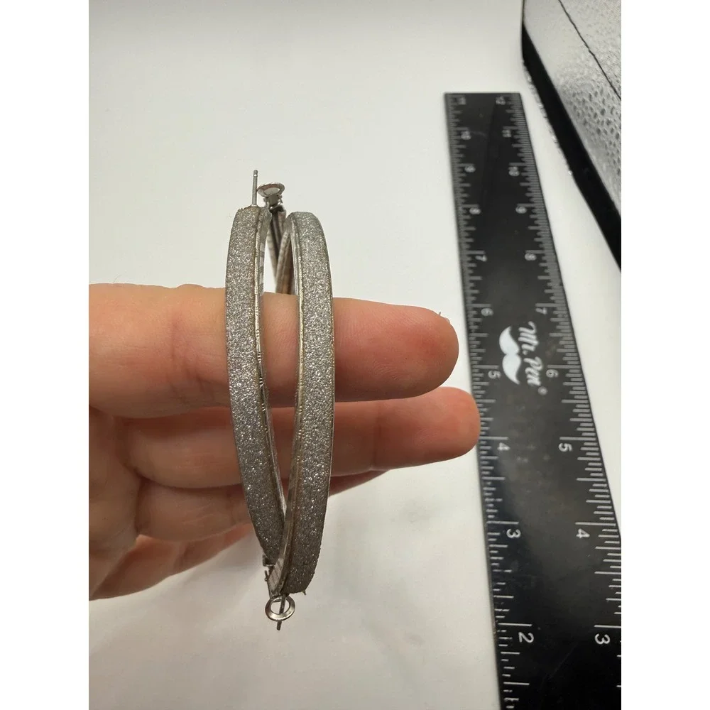 Silver Tone Glitter Textured Oversized Hoop Earrings 3 Inch‎ Large Fashion Hoops